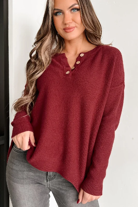 Joni Henley Sweater (Burgundy) Striped Floral Plaid