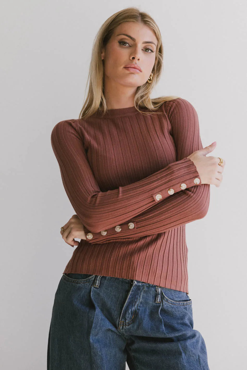 Lonnie Button Sleeve Sweater in Brown Ribbed Striped Patterned