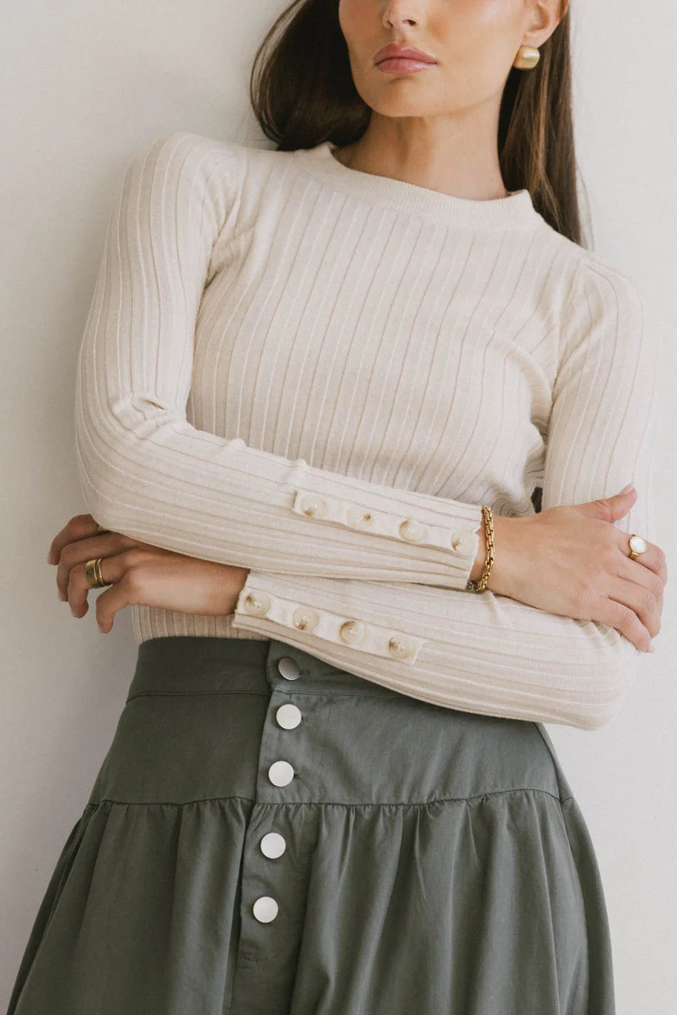 Lonnie Button Sleeve Sweater in Oatmeal Open Front Closed Front Wrap Front