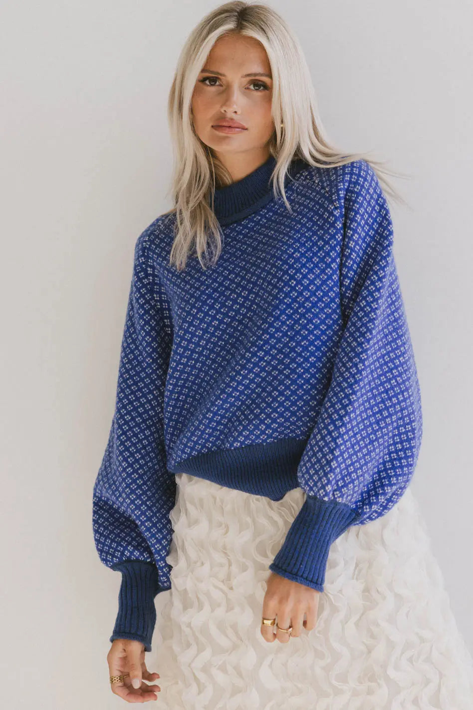 Nathalia Knit Sweater in Cobalt Turtle Neck Boat Neck Asymmetrical Neck