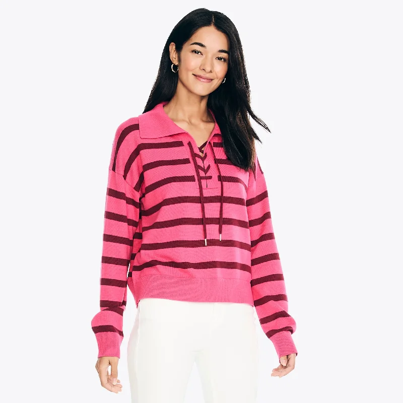 Nautica Womens Striped Lace-Up Sweater Solid Color Striped Floral Print