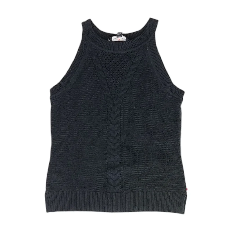 Navy Solid Sleeveless Cable Halter Sweater Glossy Satin Silk