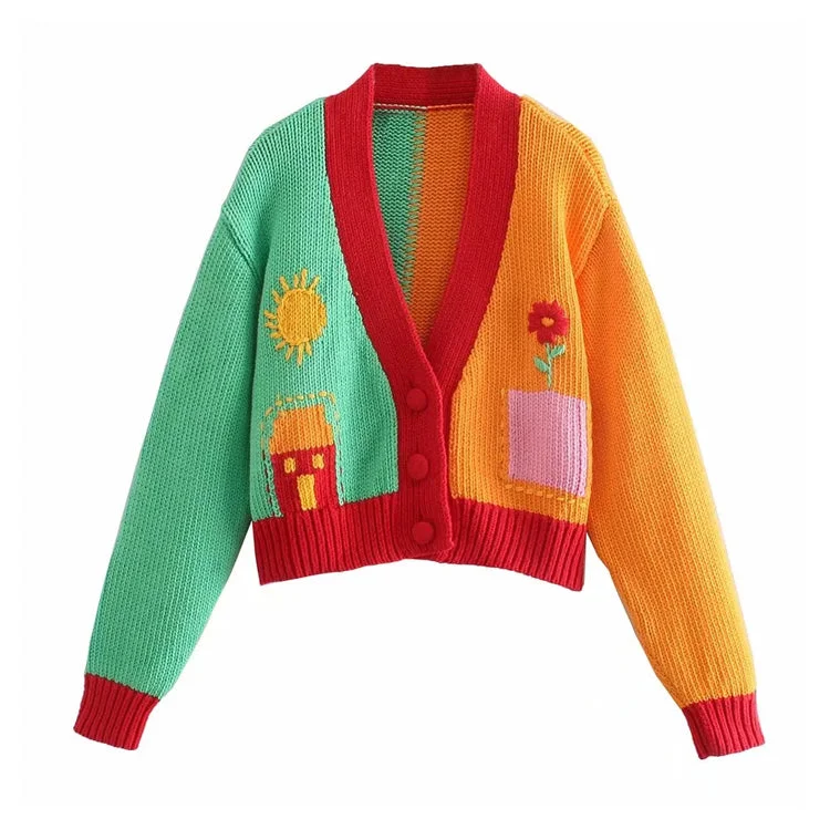 New multi panel contrast embroidered sweater  7268 Stretchy Elastic Breathable
