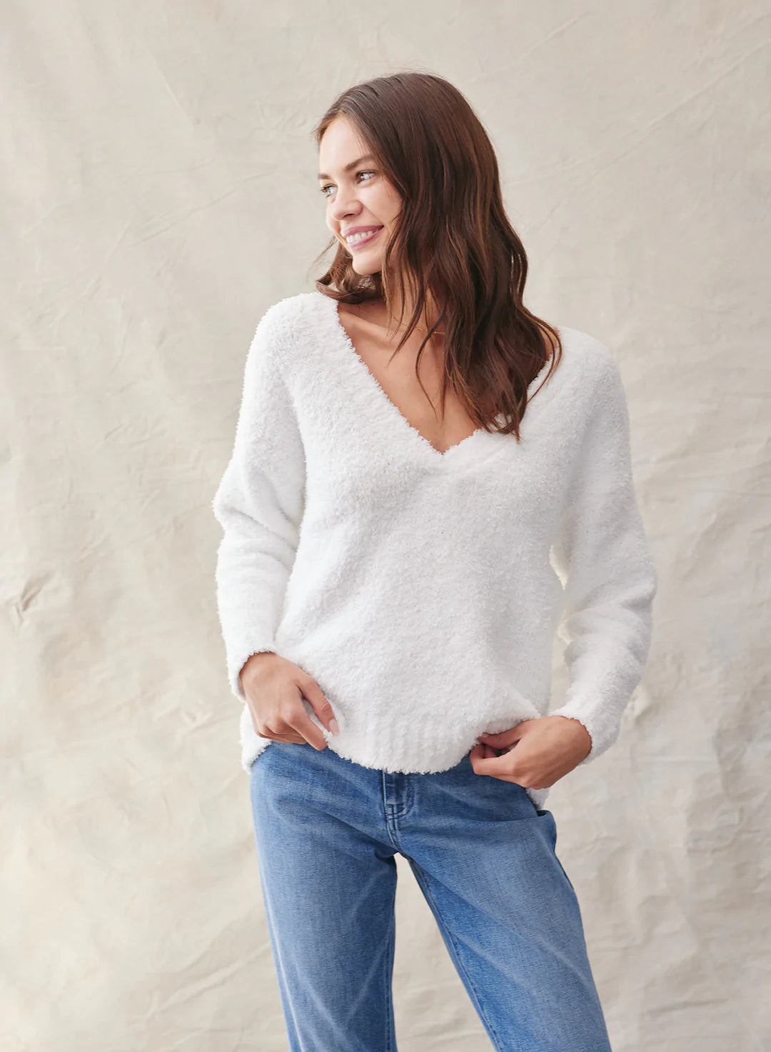 Noelle V-Neck Sweater Chenille Blend Fleece Blend Nylon Blend