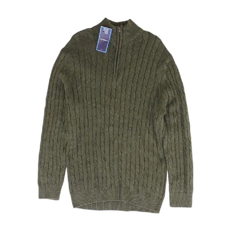 Olive Solid 1/4 Zip Sweater Fleece Sweater Nylon Polyester