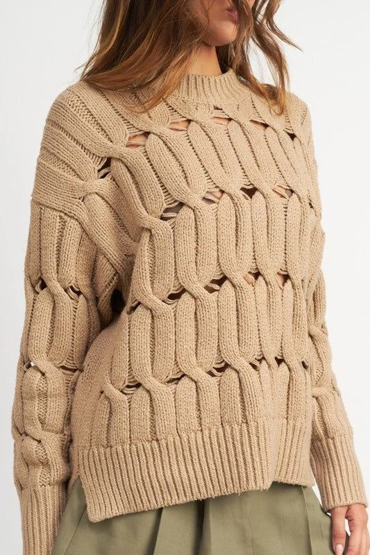 Emory Park | Open Knit Sweater With Slits Turtle Neck Boat Neck Asymmetrical Neck