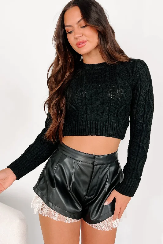Pay It Forward Cable Knit Crop Sweater (Black) Lace Blend Ribbed Blend Corduroy Blend