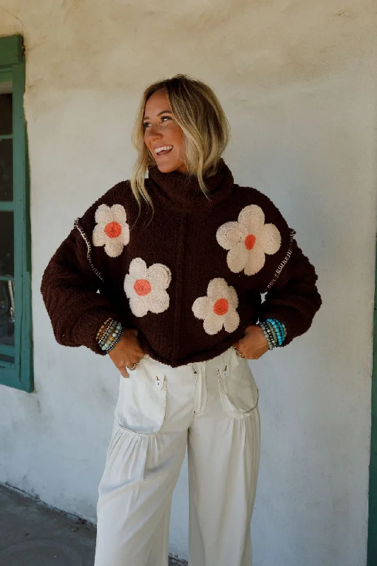 Petal Warmth Sweater - Brown Cable Knit Ribbed Knit Lace Knit