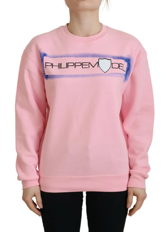 Philippe Model Elegant Pink Long Sleeve Pullover Sweater Solid Print Embellished