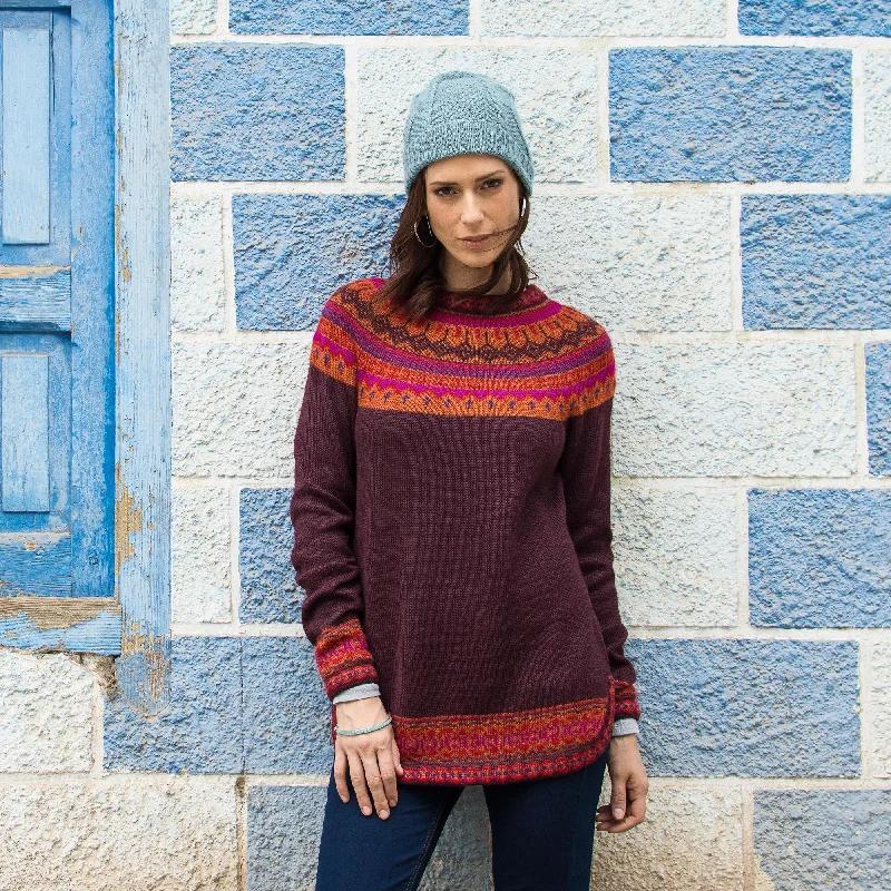 Playful Plum Women's Art Knit Alpaca Pullover Sweater from Peru Chenille Brocade Lace Playful Plum Women's Art Knit Alpaca Pullover Sweater from Peru Chenille Brocade Lace