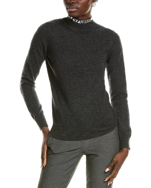 sofiacashmere Stone Trim Turtleneck Cashmere Sweater High Neck Crew Neck V-Neck