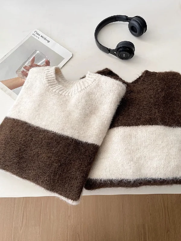 striped round neck casual knitted sweater S4774 Mesh Blend Leather Blend Suede Blend striped round neck casual knitted sweater S4774 Mesh Blend Leather Blend Suede Blend