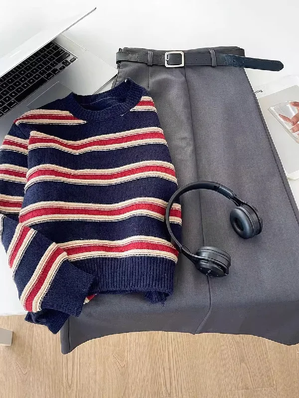striped round neck long-sleeved sweater     S4773 Mesh Sweater Canvas Denim
