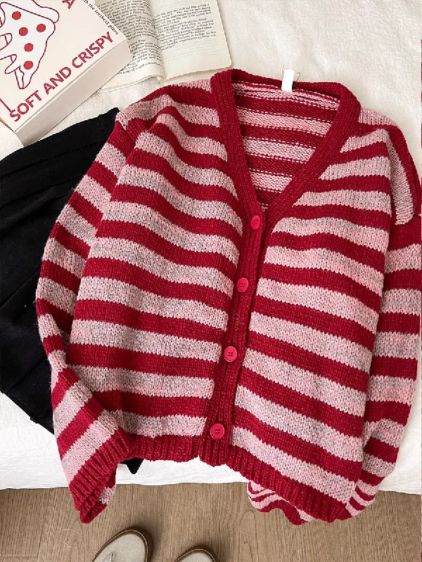 Sweet V-neck striped sweater coat long-sleeved knitted cardigan   S4769 Terry Blend Velvet Blend Canvas Blend