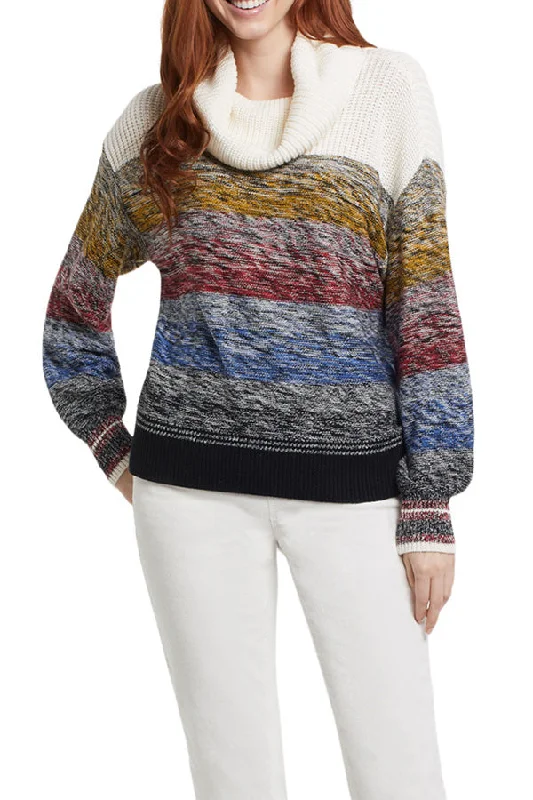 Tribal Striped Knit Cowl Neck Sweater Embroidered Appliqued Beaded