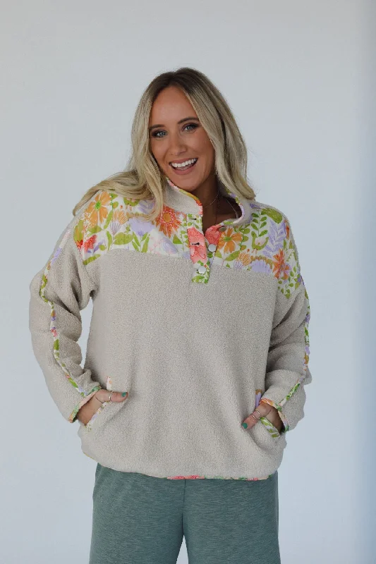 Tula Floral Block Henley Sweater - Cream Herringbone Houndstooth Plaid