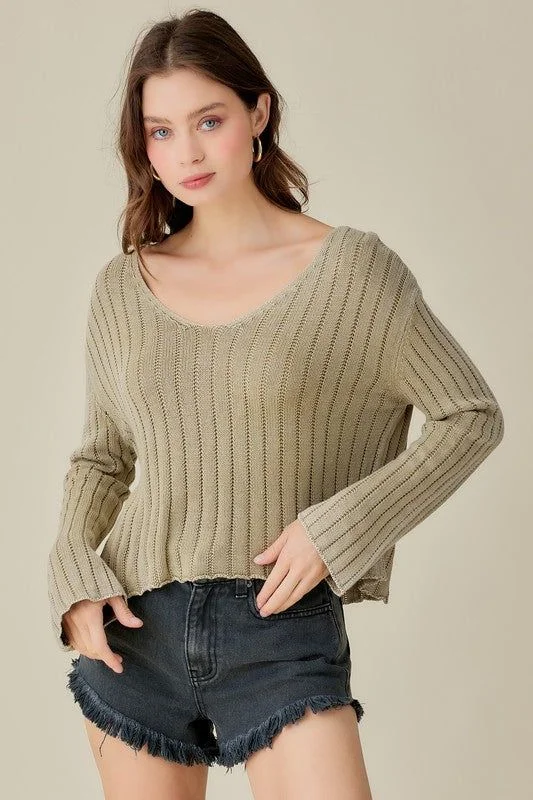 Mustard Seed | V Neck Washed Crop Sweater Wool Fabric Cashmere Fabric Tweed Fabric