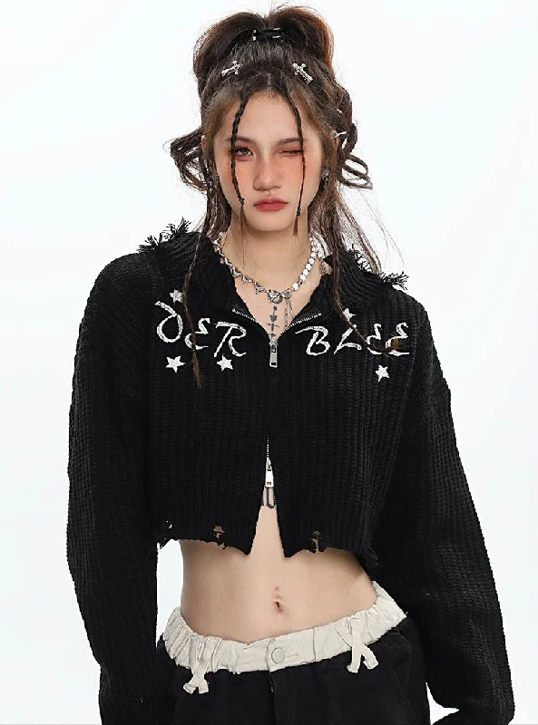 VERBLEE Letter Embroidery Solid Color Knitted Long Sleeve Zip Up Cropped Hooded Sweater Top Polka Dot Checkered Tartan VERBLEE Letter Embroidery Solid Color Knitted Long Sleeve Zip Up Cropped Hooded Sweater Top Polka Dot Checkered Tartan