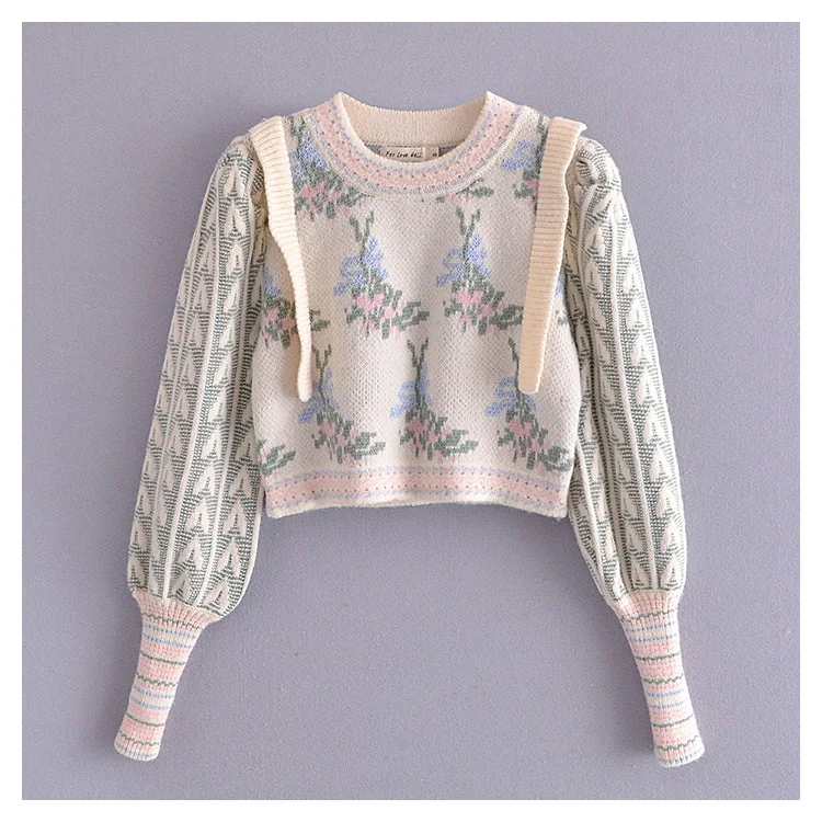 Vintage jacquard sweater womanly open navel bubble sleeve sweater  7296 Terry Terry Cloth Terry Knit