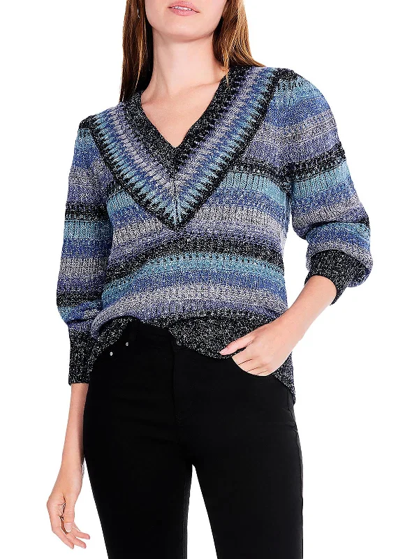 Womens Ribbed Stripes Pullover Sweater Satin Blend Silk Blend Wool Blend