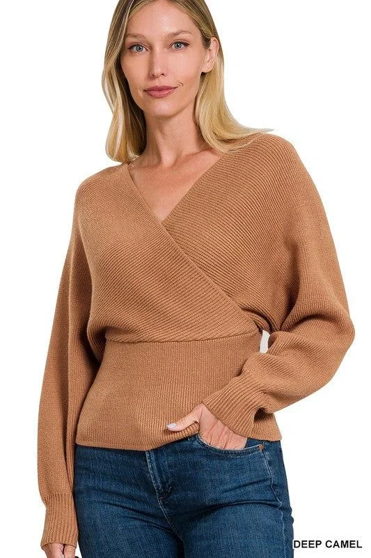 ZENANA | Viscose Cross Wrap Pullover Sweater Iron Safe Non-Iron Wrinkle Free