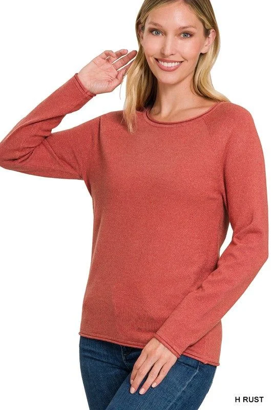 Zenana Viscose Round Neck Basic Sweater Denim Fabric Leather Fabric Suede Fabric