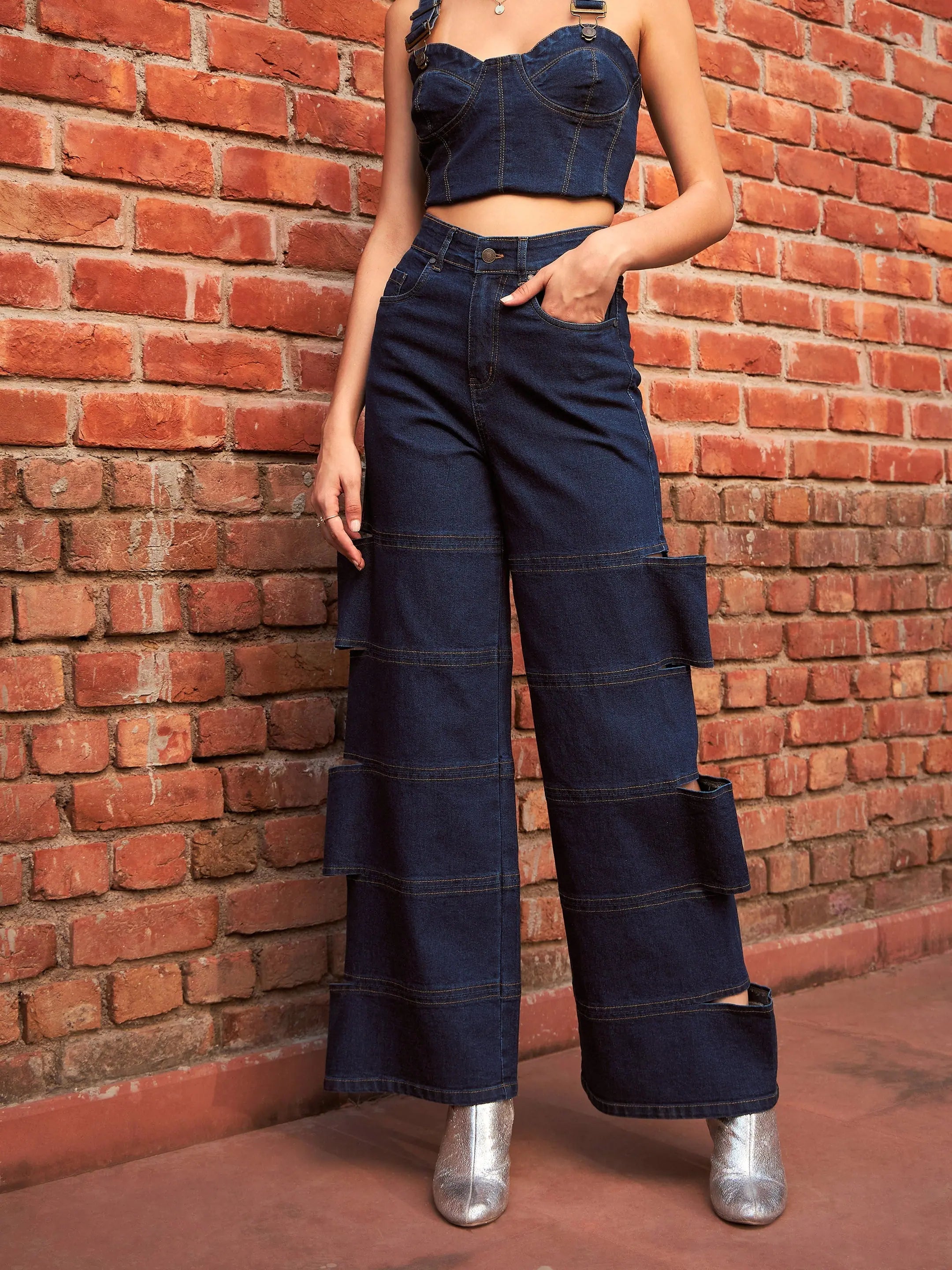 Women Navy Premium Side Cutout Straight Jeans Elegant Bootcut Fit Jeans