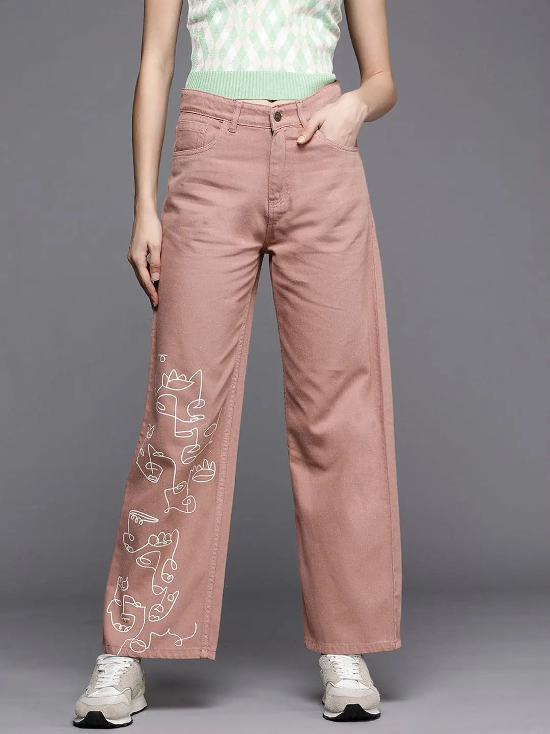 Women Peach Line Art Print Straight Jeans Stylish Bootcut Denim Jeans