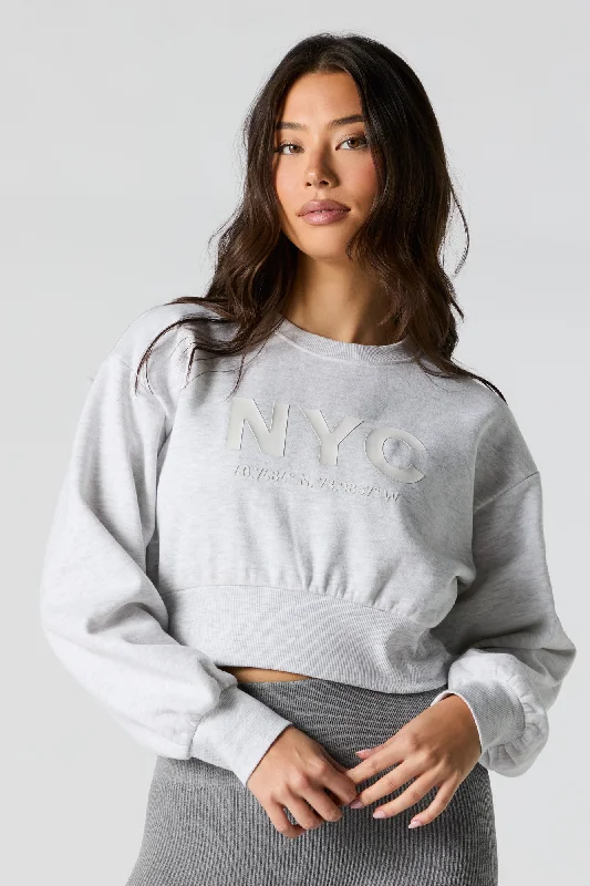City Embossed Cropped Fleece Sweatshirt Hoodie with Hem Ribbing Snug Secure