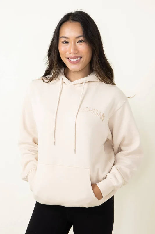 1897 Active Michigan Embroidered Hoodie for Women in Cream | JT082-MI-CREAM Hoodie with Front Slit Layering Stylish