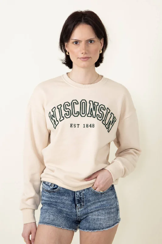 1897 Active Wisconsin Embroidered Sweatshirt for Women in Cream | GT080-WI-CREAMGREEN Hoodie with Set-In Sleeves Structured Classic