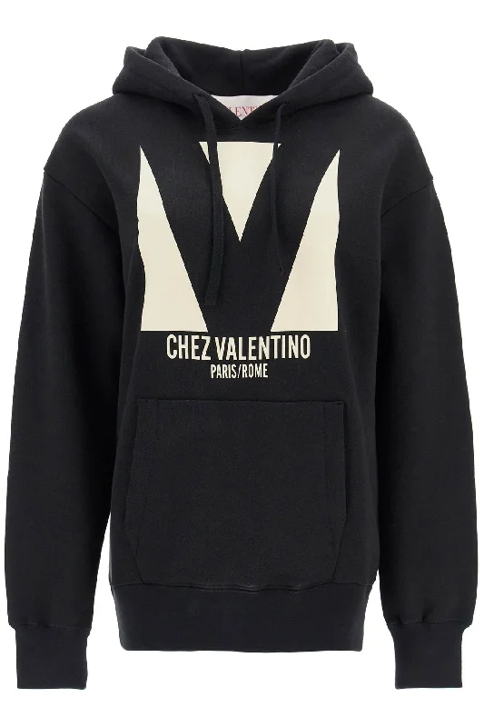 Chez Valentino Oversized Hoodie  - Black Hoodie with Hem Embroidery Detailed Premium