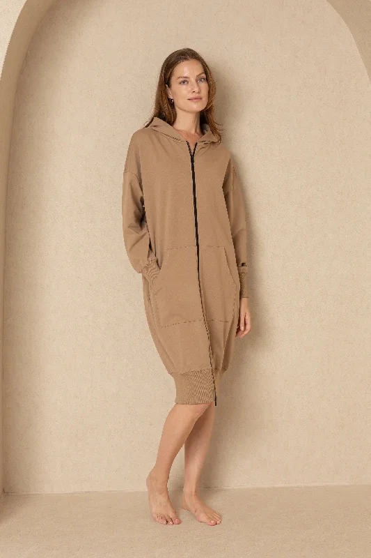 Brown Zipper Sweatshirt Dress Hoodie with Hem Drawcord Adjustable Customizable