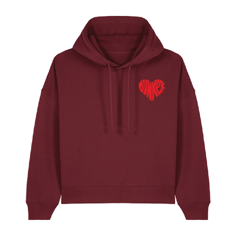 Bunker Woman Heart Hoodie Burgundy Red Hoodie with Button Placket Classic Preppy