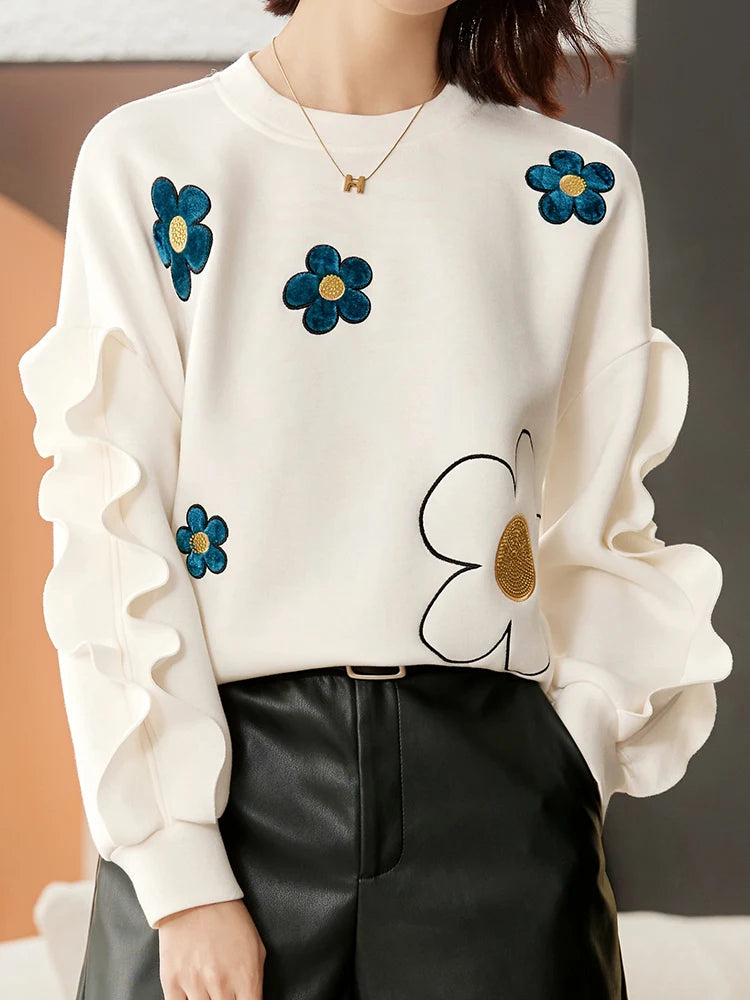Chic Beige Floral Long Sleeve Ruffles Sweatshirt Hoodie with Cuffed Sleeves Snug Secure Chic Beige Floral Long Sleeve Ruffles Sweatshirt Hoodie with Cuffed Sleeves Snug Secure