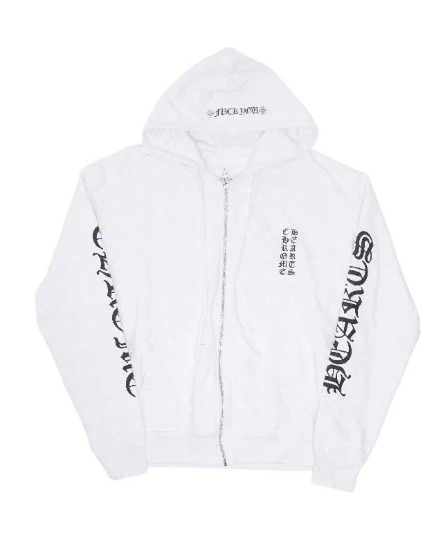 Monogram Vertical Logo Zip Up Hoodie Hoodie with Hem Raw Edge Edgy Unfinished