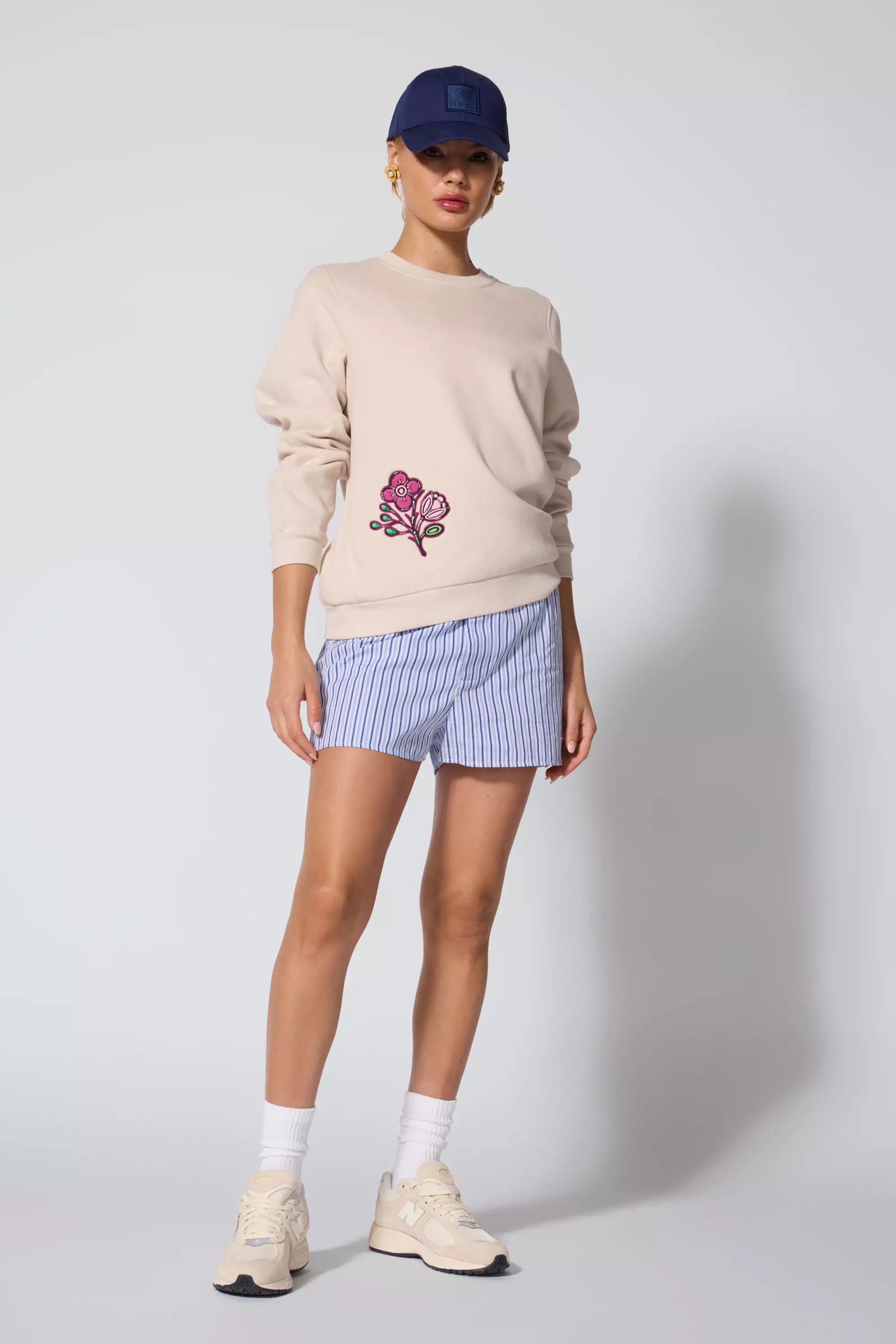 Comfort Fleece Embroidered Sweatshirt - Stone Hoodie with Hem Applique Textured Unique