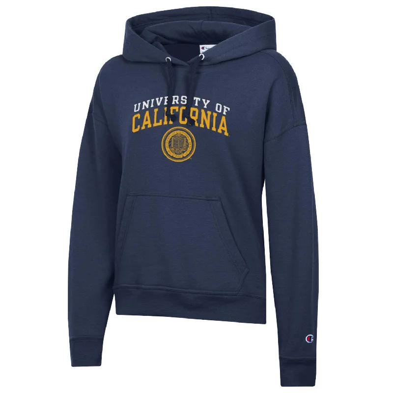U.C. Berkeley double arch & seal women's Champion fleece hoodie-Navy Hoodie with Sequins Glamorous Eye-catching U.C. Berkeley double arch & seal women's Champion fleece hoodie-Navy Hoodie with Sequins Glamorous Eye-catching