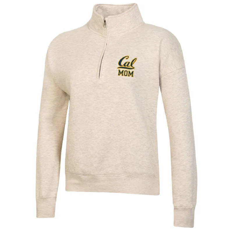 U.C. Berkeley Cal Mom embroidered Big Cotton women's 1/4 Zip sweatshirt-Oatmeal Hoodie with Stripes Bold Sporty U.C. Berkeley Cal Mom embroidered Big Cotton women's 1/4 Zip sweatshirt-Oatmeal Hoodie with Stripes Bold Sporty