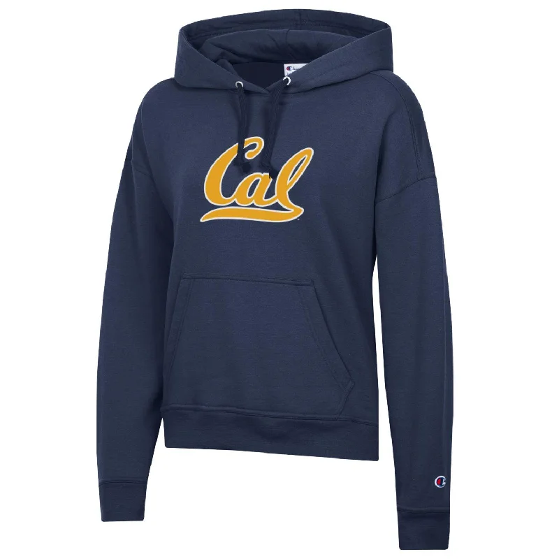 U.C. Berkeley bold Cal women's Champion fleece hoodie-Navy Hoodie with Applique Textured Unique U.C. Berkeley bold Cal women's Champion fleece hoodie-Navy Hoodie with Applique Textured Unique