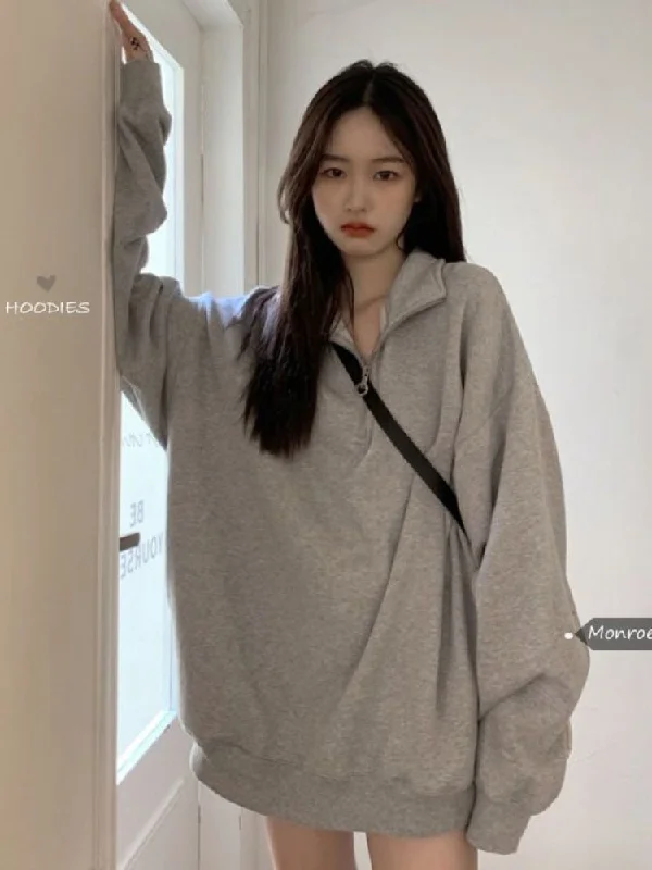 Korean Gray Oversized Sweatshirts Women Harajuku Zip Up Hoodie Vintage Loose Casual Polo Collar Pullover Tops Hoodie with Hood Adjustable Protection Korean Gray Oversized Sweatshirts Women Harajuku Zip Up Hoodie Vintage Loose Casual Polo Collar Pullover Tops Hoodie with Hood Adjustable Protection