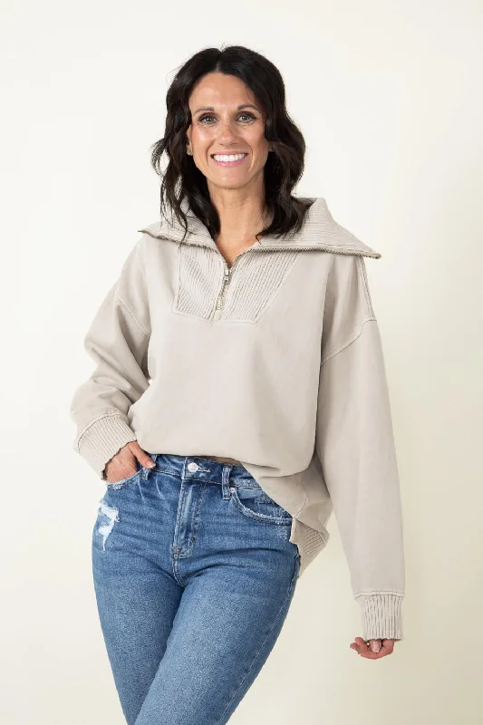 C&C California Hailey Sunwashed Fleece Quarter Zip Sweatshirt for Women in Beige | 89B02742A-J071-GRY Hoodie with High-Low Hem Asymmetrical Trendy C&C California Hailey Sunwashed Fleece Quarter Zip Sweatshirt for Women in Beige | 89B02742A-J071-GRY Hoodie with High-Low Hem Asymmetrical Trendy