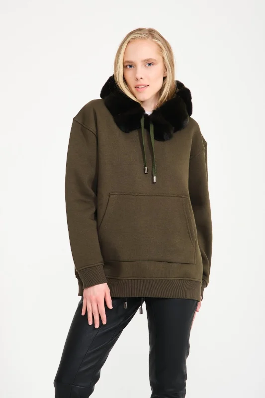 Khaki Chinchilla Fur Lined Hoodie Hoodie with Elastic Waist Stretchable Comfortable