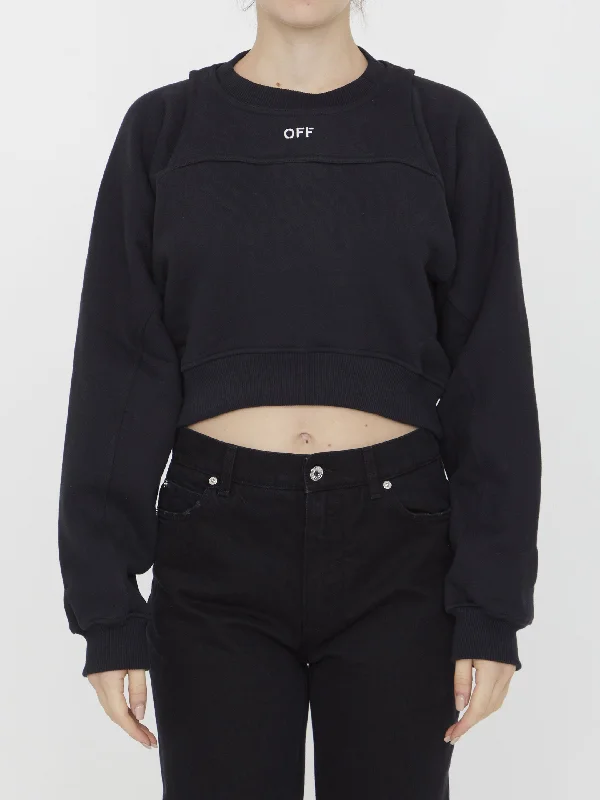 Off Logo Crop Sweatshirt Zip Hoodie Drawstring Kangaroo Pocket