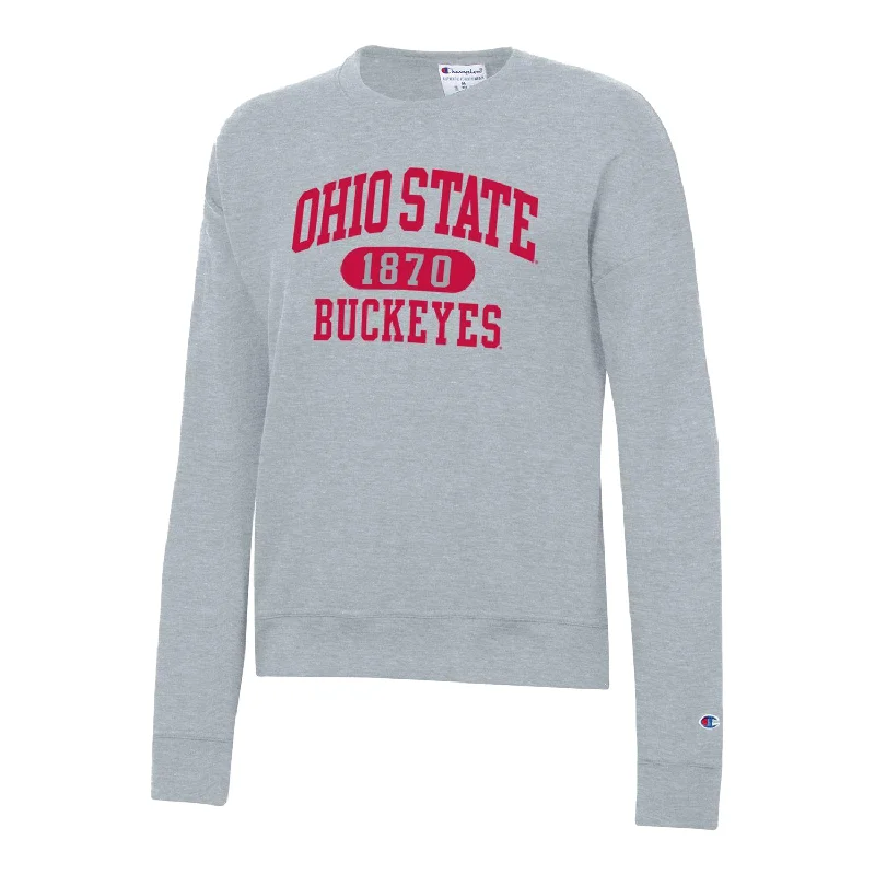 Ladies Ohio State Buckeyes Powerblend® Wordmark Gray Crew Sweatshirt Hoodie with Set-In Sleeves Structured Classic Ladies Ohio State Buckeyes Powerblend® Wordmark Gray Crew Sweatshirt Hoodie with Set-In Sleeves Structured Classic
