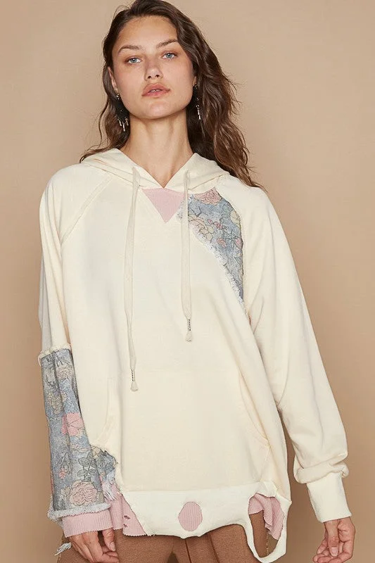 POL Floral Patchwork Distressed Drawstring Hoodie Hoodie with High Neck Warm Protective POL Floral Patchwork Distressed Drawstring Hoodie Hoodie with High Neck Warm Protective