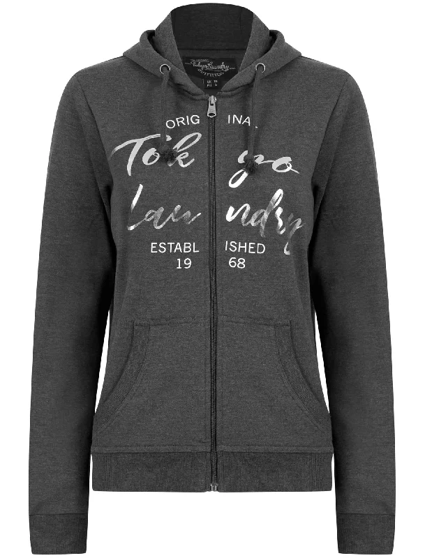 Rayne Zip Through Hoodie with Foil Motif in Charcoal Marl - Tokyo Laundry Hoodie with High Neck Warm Protective Rayne Zip Through Hoodie with Foil Motif in Charcoal Marl - Tokyo Laundry Hoodie with High Neck Warm Protective