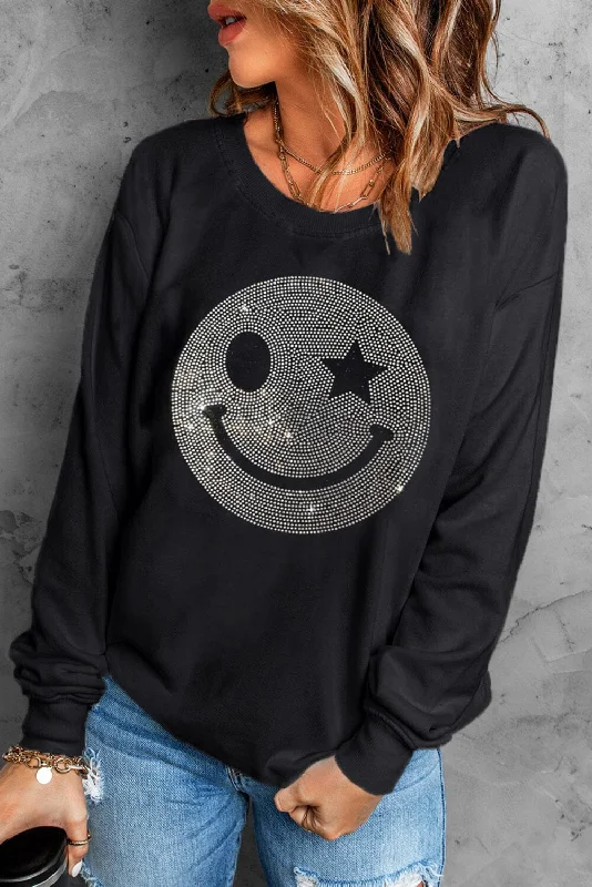 Rhinestone Smile Long Sleeve Sweatshirt Hoodie with Magnetic Closure Innovative Modern Rhinestone Smile Long Sleeve Sweatshirt Hoodie with Magnetic Closure Innovative Modern