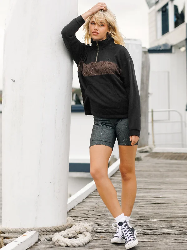 Sun Stacked Mock Neck Sweatshirt - Black Combo Hoodie with Drawcord Adjustable Secure Sun Stacked Mock Neck Sweatshirt - Black Combo Hoodie with Drawcord Adjustable Secure