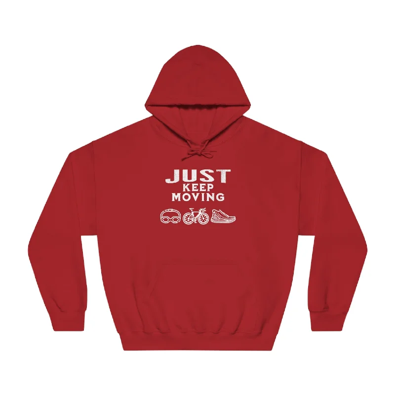 Triathlon - Just Keep Moving, All 3 Logos (White print) Hoodie - Unisex Hoodie with Pastel Soft Subtle Triathlon - Just Keep Moving, All 3 Logos (White print) Hoodie - Unisex Hoodie with Pastel Soft Subtle